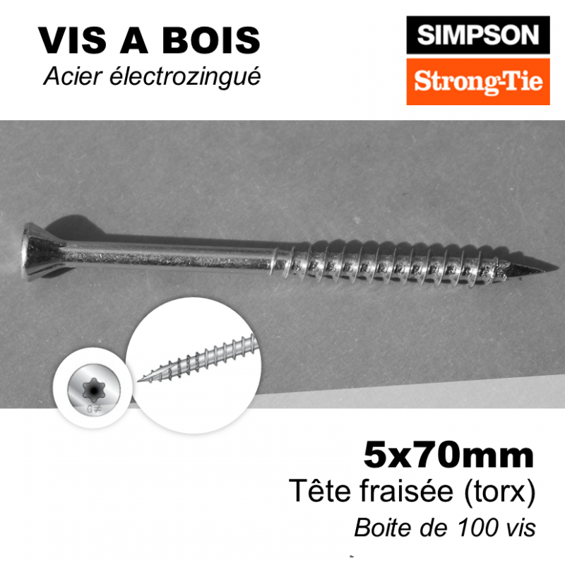 vis a bois zinguée 5x70mm pour assemblage bois intérieur