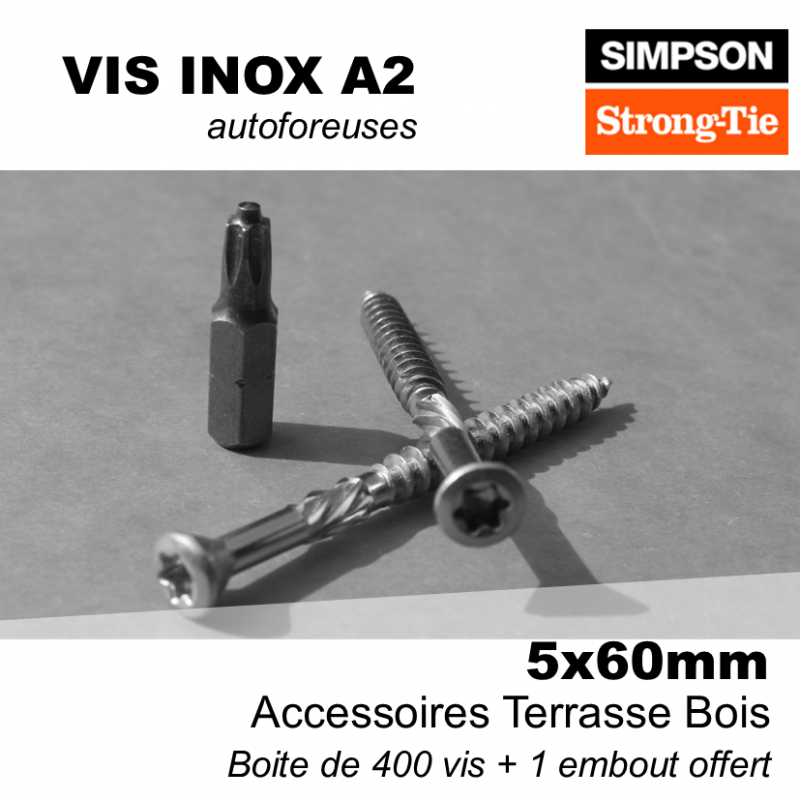 boite de 400 vis inox pour terrasse bois - 5 x 60 mm - vis pour lames d'une épaisseur comprise en 22 et 28 mm