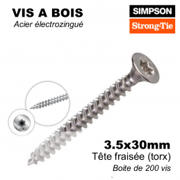 vis à bois intérieur - électrozinguée - 3.5x30mm - boite de 200 vis - filetage complet - Empreinte torx - Embout T25