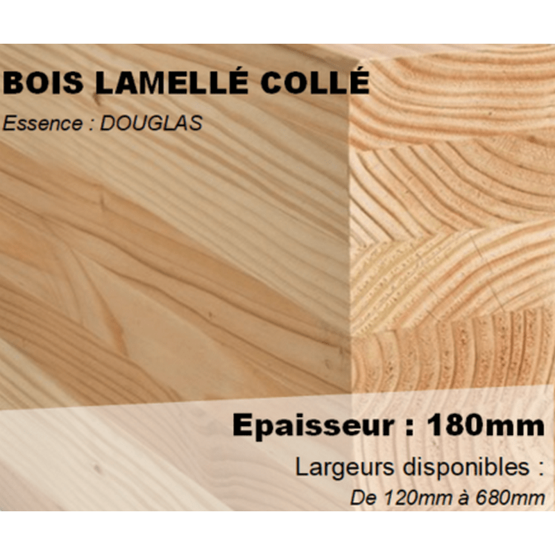 Poteau / Panne Bois Lamellé Collé Raboté Naturel au ML - Douglas ou Epicéa  - Ep:180mm