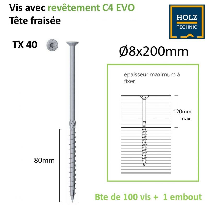 vis tête fraisée 8x200mm revêtement EVO, C4