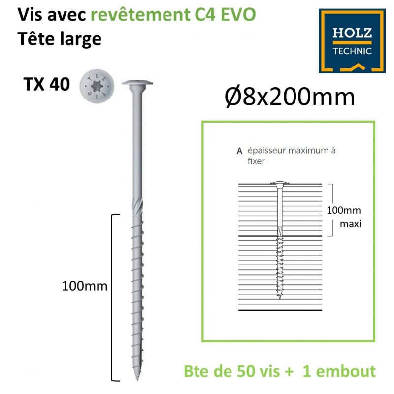 Vis à bois tête large 8x200mm C4 EVO