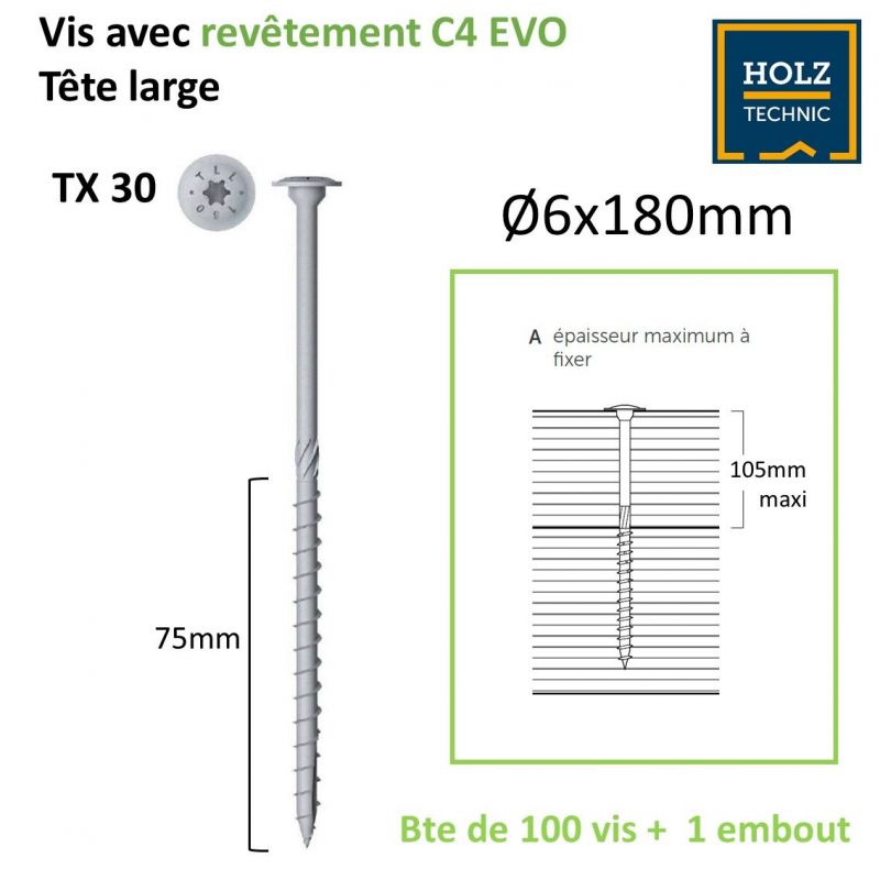 Vis à bois tête large 6x180mm C4 EVO