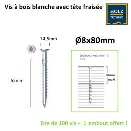 Vis bois Tête fraisée (torx) 8x80mm EZ pour Intérieur - Boîte de 100 - embout offert