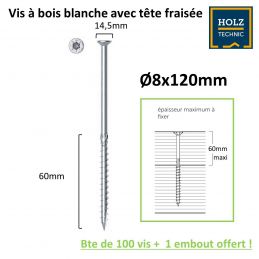 Vis bois Tête fraisée (torx) 8x120mm EZ pour Intérieur - Boîte de 100 - embout offert