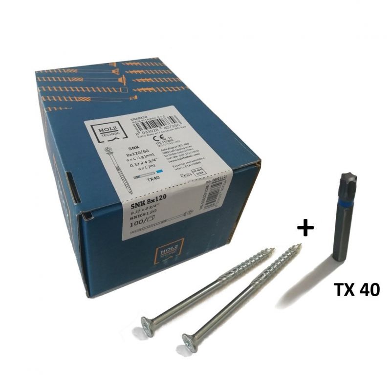 Vis bois Tête fraisée (torx) 8x120mm EZ pour Intérieur - Boîte de 100 - embout offert