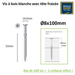 Vis bois Tête fraisée (torx) 8x100mm EZ pour Intérieur - Boîte de 100 - embout offert