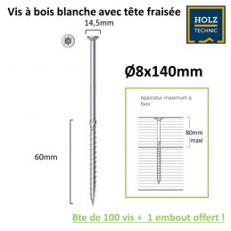 Vis bois Tête fraisée (torx) 8x140mm EZ pour Intérieur - Boîte de 100 - embout offert