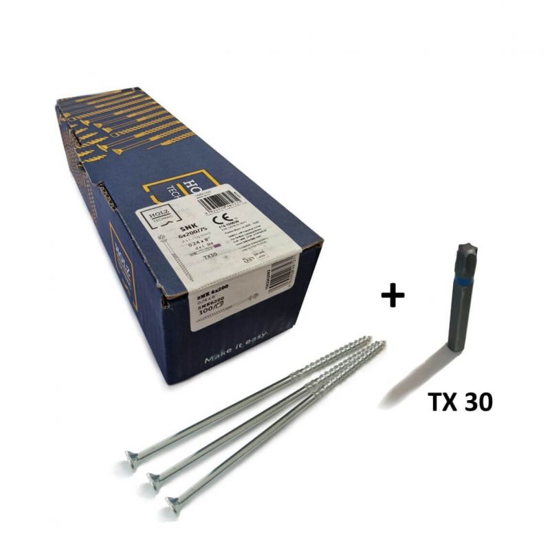 Vis bois Tête fraisée (torx) 6x200mm EZ pour Intérieur - Boîte de 100 - embout offert